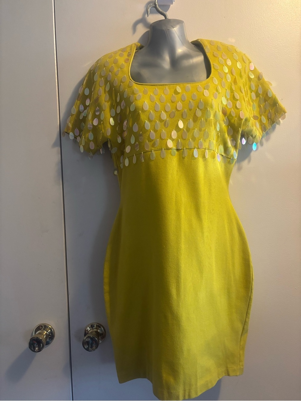Andrea Jovine Yellow Sequin Teardrop Shift Dress